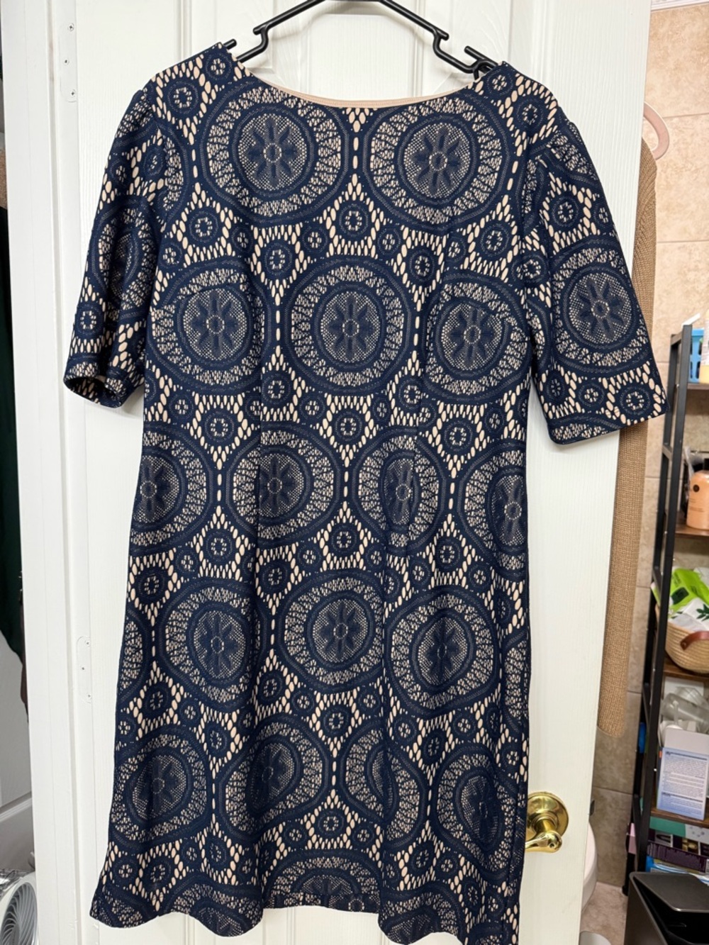 R&K Navy Lace Overlay Midi Dress with Beige Underlay